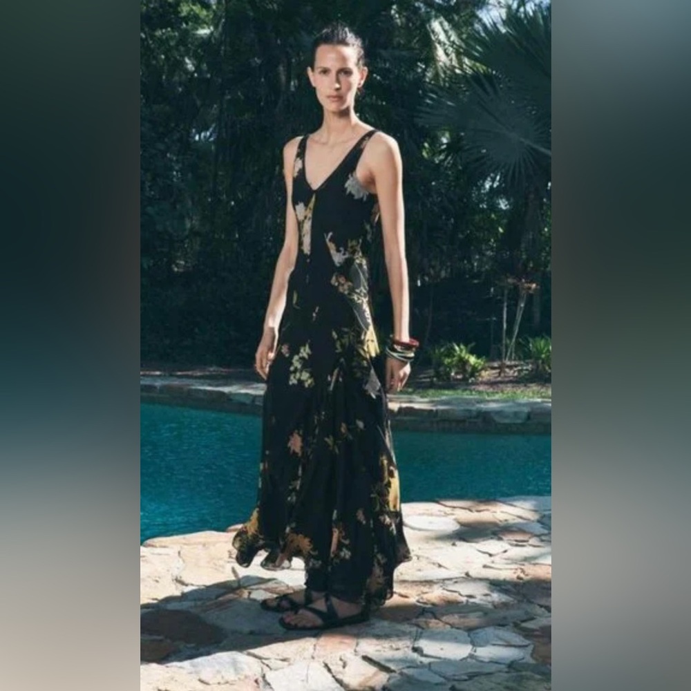Zara Chic Black Chiffon Floral Maxi Dress